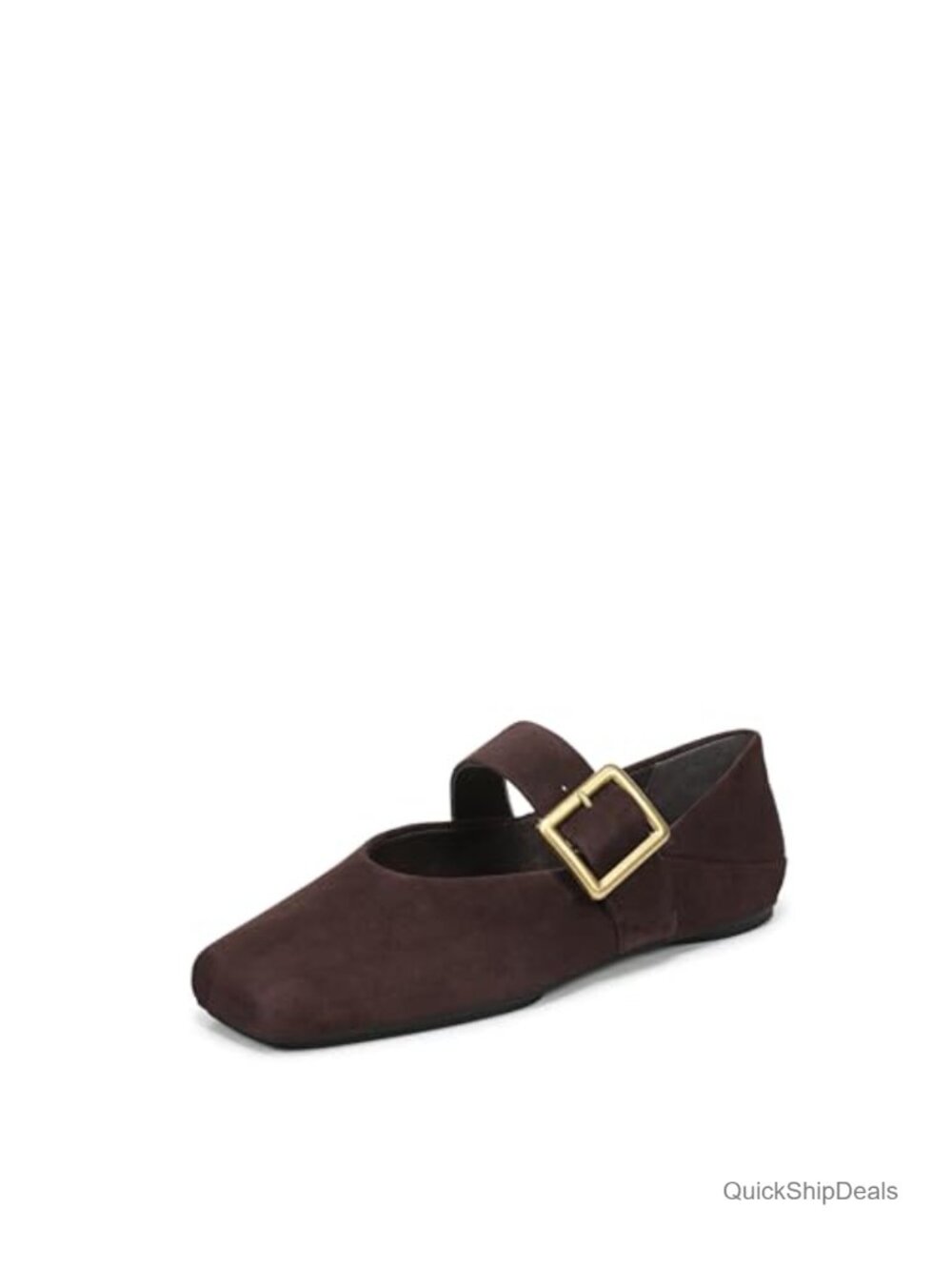 Suede Square Toe Ballet Flats with Strap and Buckle